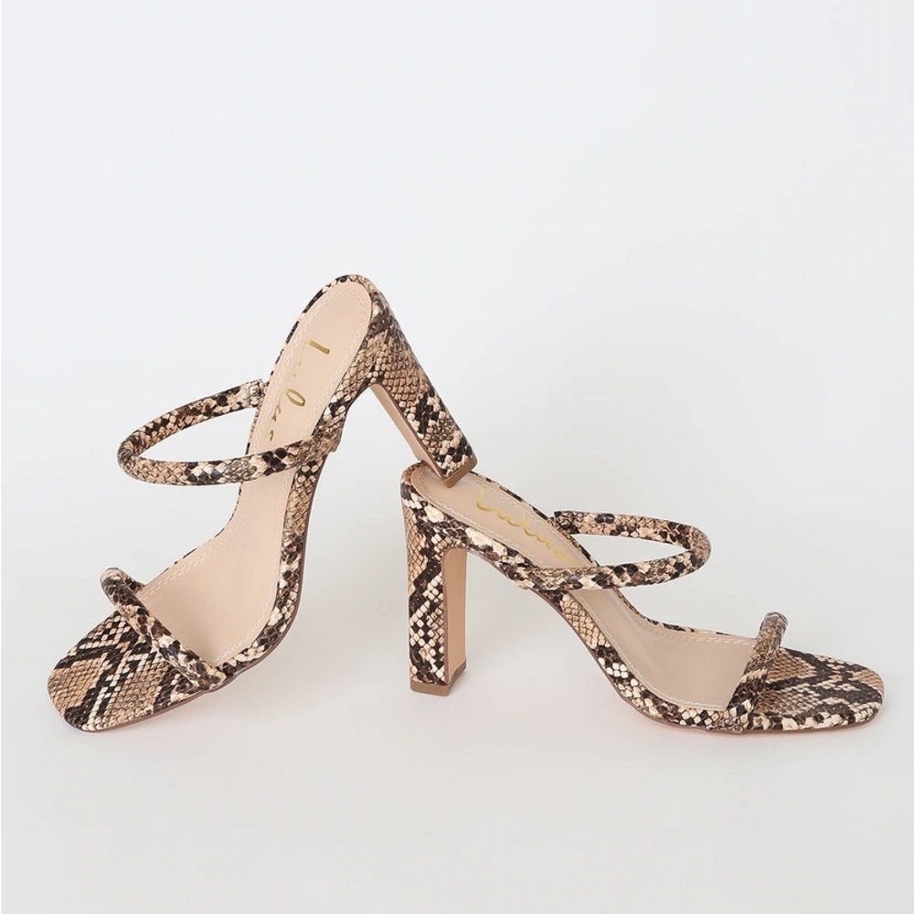 Xenya Tan Multi Snake Print High Heel Sandals from Lulu’s